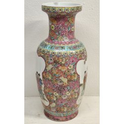 ANTICO VASO CINESE FAMILLE ROSE PORCELLANA DIPINTO FENCAI SCENA QUOTIDIANA FIORI