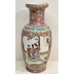 ANTICO VASO CINESE FAMILLE ROSE PORCELLANA DIPINTO FENCAI SCENA QUOTIDIANA FIORI