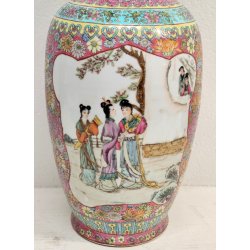 ANTICO VASO CINESE FAMILLE ROSE PORCELLANA DIPINTO FENCAI SCENA QUOTIDIANA FIORI