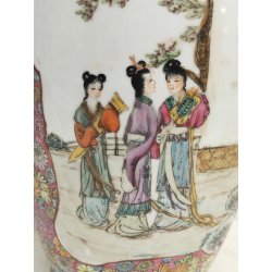 ANTICO VASO CINESE FAMILLE ROSE PORCELLANA DIPINTO FENCAI SCENA QUOTIDIANA FIORI