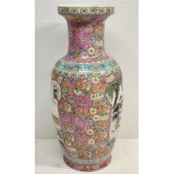 ANTICO VASO CINESE FAMILLE ROSE PORCELLANA DIPINTO FENCAI SCENA QUOTIDIANA FIORI