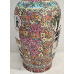ANTICO VASO CINESE FAMILLE ROSE PORCELLANA DIPINTO FENCAI SCENA QUOTIDIANA FIORI