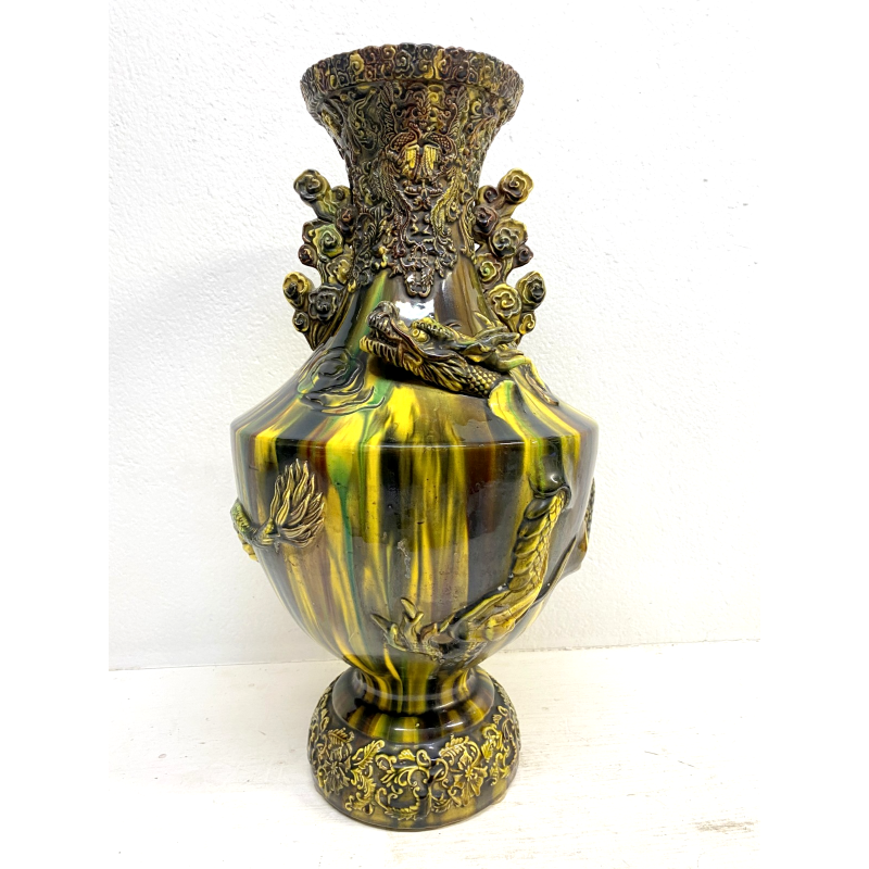 GRANDE VASO CERAMICA GIAPPONESE Awaji DRAGO ALTO RILIEVO SMALTO a GOCCIA 48cm/h
