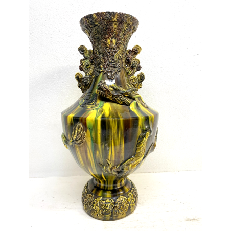 GRANDE VASO CERAMICA GIAPPONESE Awaji DRAGO ALTO RILIEVO SMALTO a GOCCIA 48cm/h