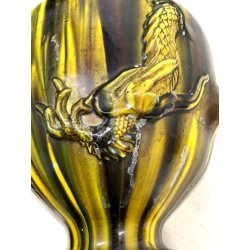 GRANDE VASO CERAMICA GIAPPONESE Awaji DRAGO ALTO RILIEVO SMALTO a GOCCIA 48cm/h