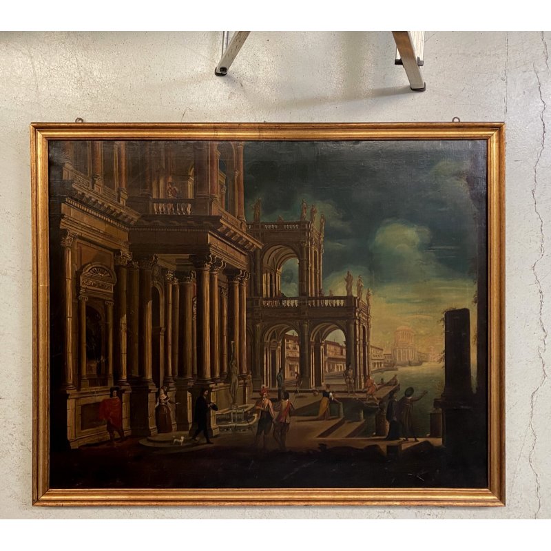 GRANDE DIPINTO OLIO VEDUTA CAPRICCIO ARCHITETTONICO BAROCCO PORTO MARE '800