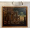 GRANDE DIPINTO OLIO VEDUTA CAPRICCIO ARCHITETTONICO BAROCCO PORTO MARE '800