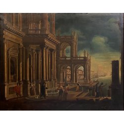 GRANDE DIPINTO OLIO VEDUTA CAPRICCIO ARCHITETTONICO BAROCCO PORTO MARE '800