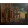 GRANDE DIPINTO OLIO VEDUTA CAPRICCIO ARCHITETTONICO BAROCCO PORTO MARE '800