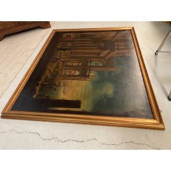 GRANDE DIPINTO OLIO VEDUTA CAPRICCIO ARCHITETTONICO BAROCCO PORTO MARE '800
