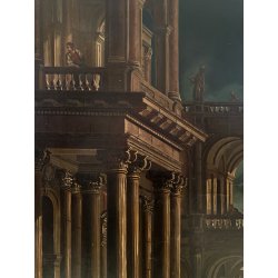 GRANDE DIPINTO OLIO VEDUTA CAPRICCIO ARCHITETTONICO BAROCCO PORTO MARE '800