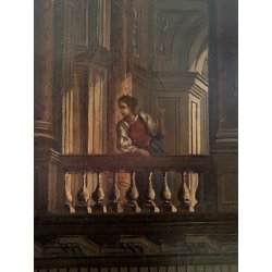 GRANDE DIPINTO OLIO VEDUTA CAPRICCIO ARCHITETTONICO BAROCCO PORTO MARE '800