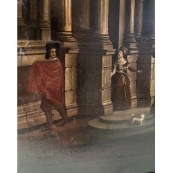 GRANDE DIPINTO OLIO VEDUTA CAPRICCIO ARCHITETTONICO BAROCCO PORTO MARE '800