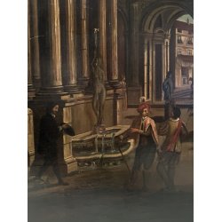 GRANDE DIPINTO OLIO VEDUTA CAPRICCIO ARCHITETTONICO BAROCCO PORTO MARE '800