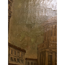 GRANDE DIPINTO OLIO VEDUTA CAPRICCIO ARCHITETTONICO BAROCCO PORTO MARE '800