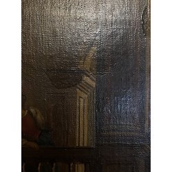 GRANDE DIPINTO OLIO VEDUTA CAPRICCIO ARCHITETTONICO BAROCCO PORTO MARE '800