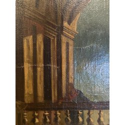 GRANDE DIPINTO OLIO VEDUTA CAPRICCIO ARCHITETTONICO BAROCCO PORTO MARE '800