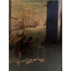 GRANDE DIPINTO OLIO VEDUTA CAPRICCIO ARCHITETTONICO BAROCCO PORTO MARE '800