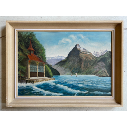 ANTICO PICCOLO DIPINTO OLIO PAESAGGIO Cappella di Gugliemo Tell LAGO di LUCERNA