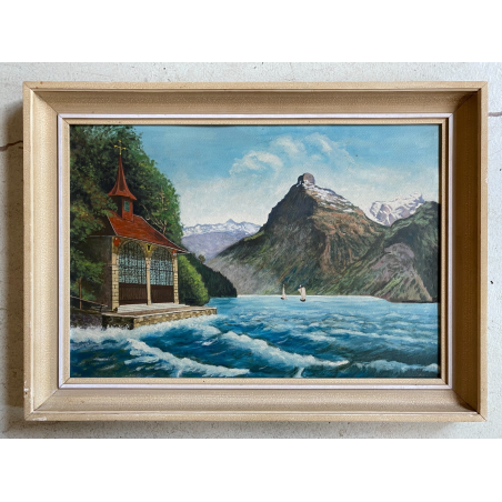 ANTICO PICCOLO DIPINTO OLIO PAESAGGIO Cappella di Gugliemo Tell LAGO di LUCERNA