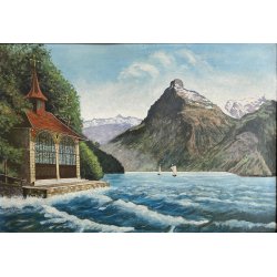 ANTICO PICCOLO DIPINTO OLIO PAESAGGIO Cappella di Gugliemo Tell LAGO di LUCERNA