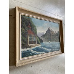 ANTICO PICCOLO DIPINTO OLIO PAESAGGIO Cappella di Gugliemo Tell LAGO di LUCERNA