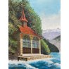 ANTICO PICCOLO DIPINTO OLIO PAESAGGIO Cappella di Gugliemo Tell LAGO di LUCERNA