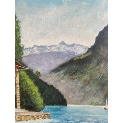 ANTICO PICCOLO DIPINTO OLIO PAESAGGIO Cappella di Gugliemo Tell LAGO di LUCERNA