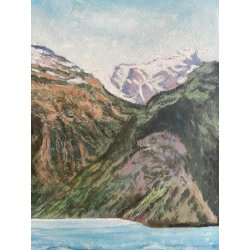 ANTICO PICCOLO DIPINTO OLIO PAESAGGIO Cappella di Gugliemo Tell LAGO di LUCERNA