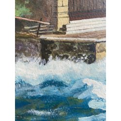 ANTICO PICCOLO DIPINTO OLIO PAESAGGIO Cappella di Gugliemo Tell LAGO di LUCERNA
