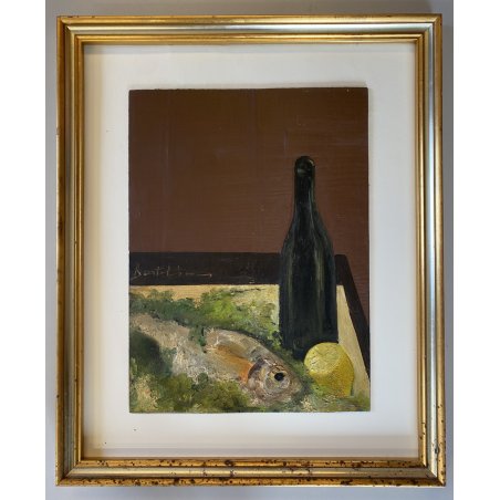 DIPINTO OLIO TAVOLA Bartoli '66 NATURA MORTA COMPOSIZIONE PESCE LIMONE BOTTIGLIA