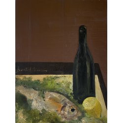 DIPINTO OLIO TAVOLA Bartoli '66 NATURA MORTA COMPOSIZIONE PESCE LIMONE BOTTIGLIA