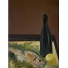 DIPINTO OLIO TAVOLA Bartoli '66 NATURA MORTA COMPOSIZIONE PESCE LIMONE BOTTIGLIA