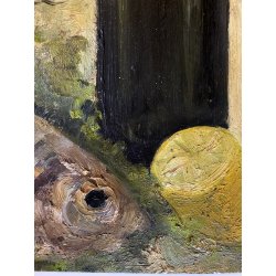 DIPINTO OLIO TAVOLA Bartoli '66 NATURA MORTA COMPOSIZIONE PESCE LIMONE BOTTIGLIA