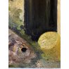 DIPINTO OLIO TAVOLA Bartoli '66 NATURA MORTA COMPOSIZIONE PESCE LIMONE BOTTIGLIA