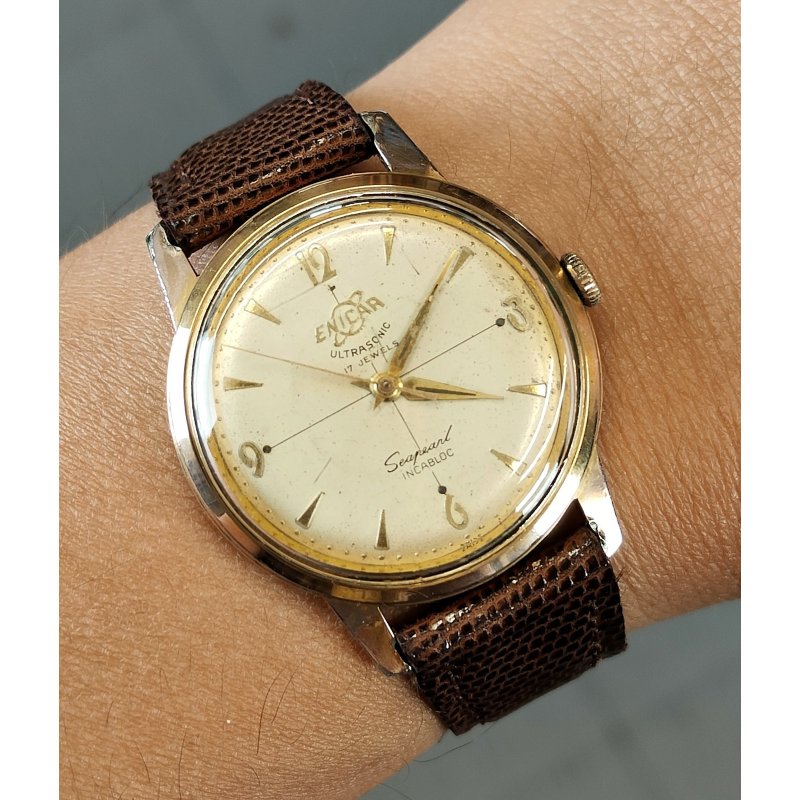 ANTICO OROLOGIO POLSO DORATO Enicar Ultrasonic Seapearl ANNI 60 cal. AR 1010