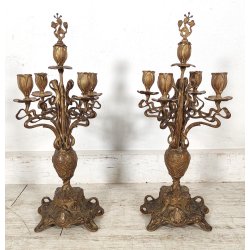 ANTICA COPPIA CANDELIERE Liberty EPOCA 900 Bronzo Dorato CANDELABRO PORTACANDELE