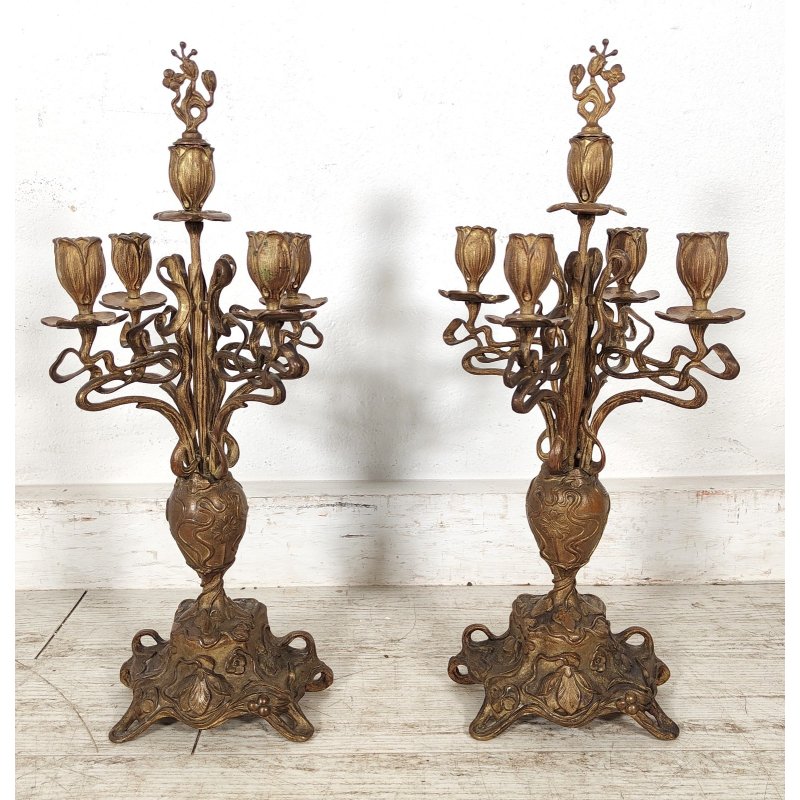 ANTICA COPPIA CANDELIERE Liberty EPOCA 900 Bronzo Dorato CANDELABRO PORTACANDELE
