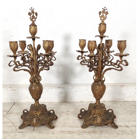 ANTICA COPPIA CANDELIERE Liberty EPOCA 900 Bronzo Dorato CANDELABRO PORTACANDELE
