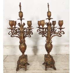 ANTICA COPPIA CANDELIERE Liberty EPOCA 900 Bronzo Dorato CANDELABRO PORTACANDELE