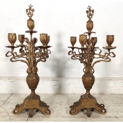 ANTICA COPPIA CANDELIERE Liberty EPOCA 900 Bronzo Dorato CANDELABRO PORTACANDELE