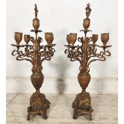 ANTICA COPPIA CANDELIERE Liberty EPOCA 900 Bronzo Dorato CANDELABRO PORTACANDELE