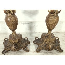 ANTICA COPPIA CANDELIERE Liberty EPOCA 900 Bronzo Dorato CANDELABRO PORTACANDELE