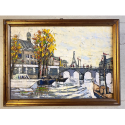 DIPINTO ASTRATTO OLIO SPATOLA VEDUTA PARIGI PONTE SENNA AUTUNNO Torre Eiffel '60