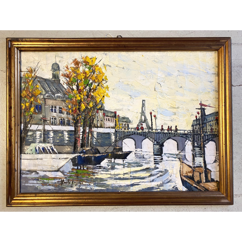 DIPINTO ASTRATTO OLIO SPATOLA VEDUTA PARIGI PONTE SENNA AUTUNNO Torre Eiffel '60