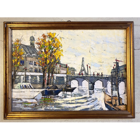 DIPINTO ASTRATTO OLIO SPATOLA VEDUTA PARIGI PONTE SENNA AUTUNNO Torre Eiffel '60