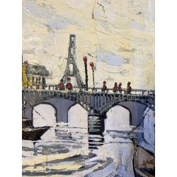 DIPINTO ASTRATTO OLIO SPATOLA VEDUTA PARIGI PONTE SENNA AUTUNNO Torre Eiffel '60