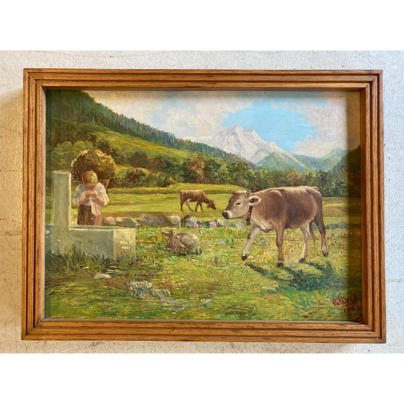 DIPINTO OLIO Rolini S. PAESAGGIO ALPINO SCENA BUCOLICA CONTADINO FONTE PASCOLO