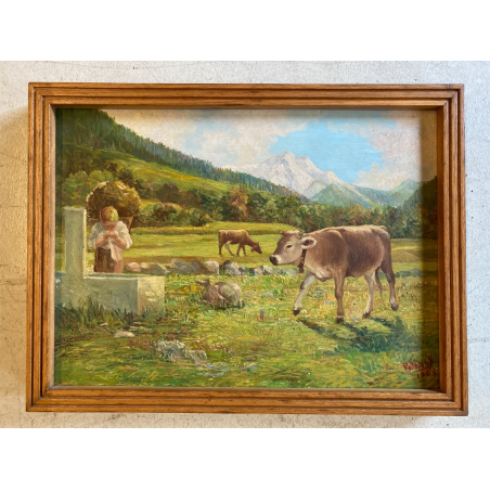 DIPINTO OLIO Rolini S. PAESAGGIO ALPINO SCENA BUCOLICA CONTADINO FONTE PASCOLO