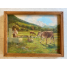 DIPINTO OLIO Rolini S. PAESAGGIO ALPINO SCENA BUCOLICA CONTADINO FONTE PASCOLO